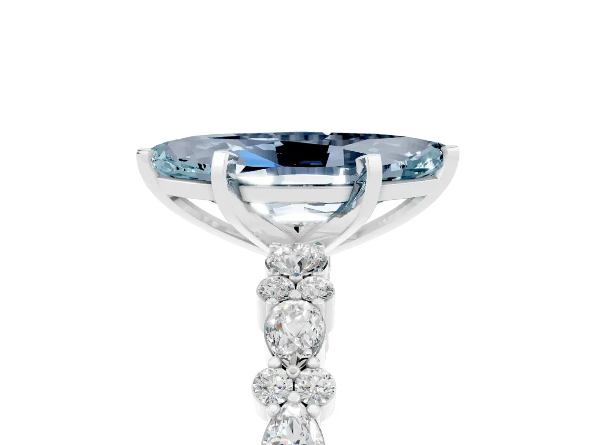 Marquise Cut Aquamarine Side Stone Solitaire Ring with Round and Four-Prong Setting Silver