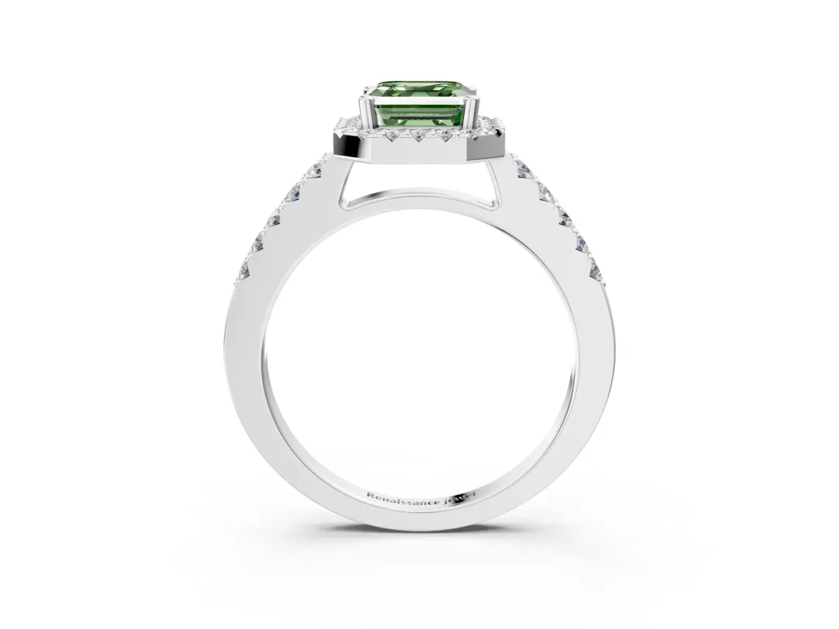 Fancy Green Asscher Cut Halo Diamond Pavé Solitaire Ring Platinum