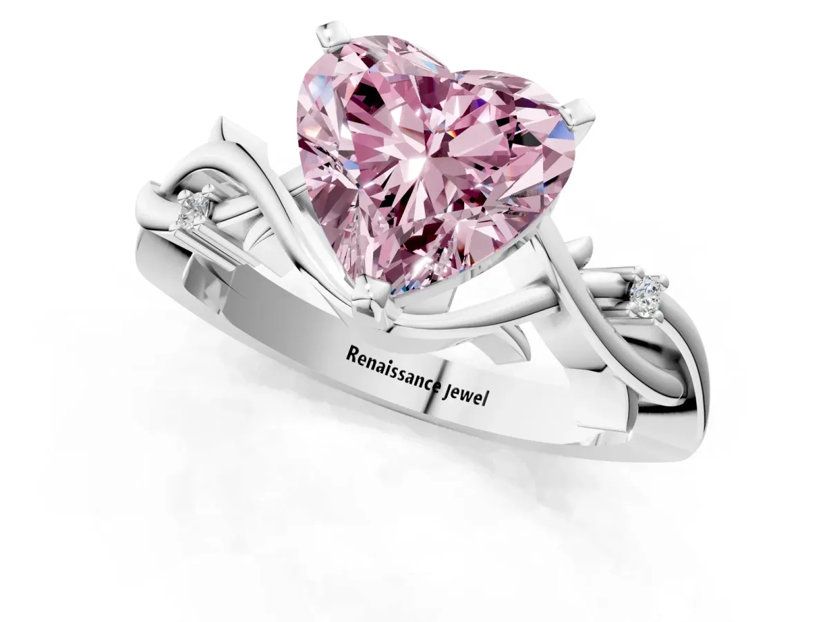 Fancy Pink Heart Cut Diamond Solitaire Ring with Twisted Band and Prong Setting Silver