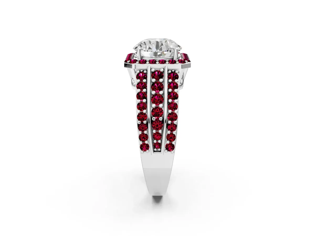Round Cut Halo Diamond Ring with Round Garnet Split Shank and Prong Setting Platinum