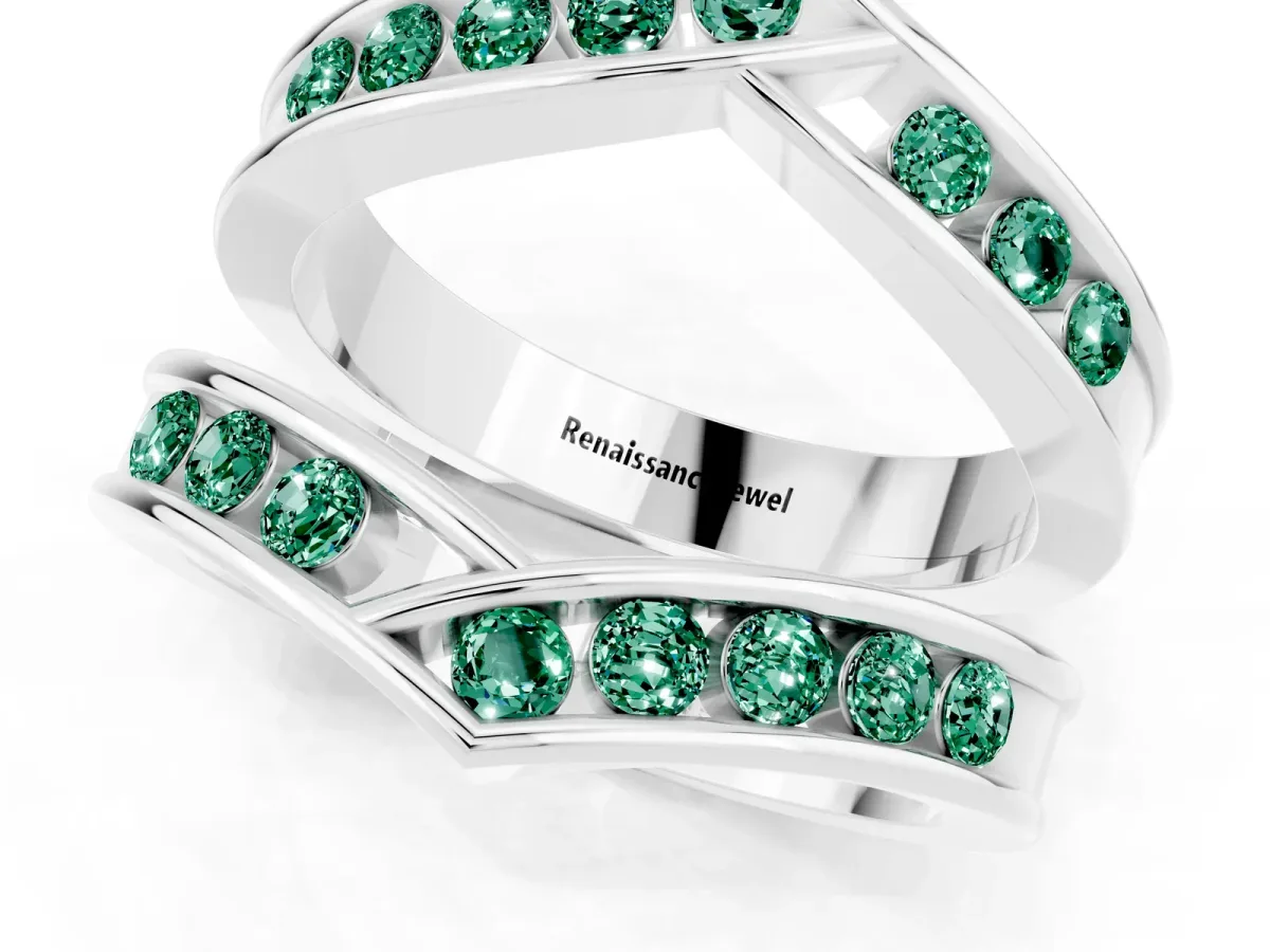 Round Green Sapphire Channel-Set Chevron Band Platinum