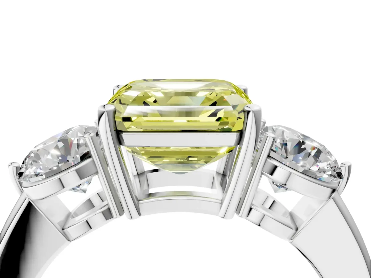 Fancy Yellow Asscher Cut Diamond Three-Stone Ring with Prong Setting and Classic Band Platinum