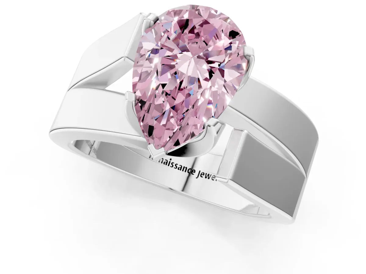 Fancy Pink Modern Tension Set Pear Cut Diamond Solitaire Wide Band Ring Silver