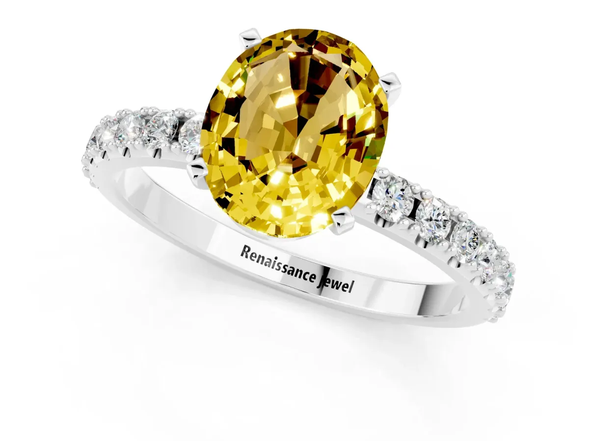 Oval Cut Yellow Sapphire Solitaire Pavé Band with Four-Prong Setting Silver