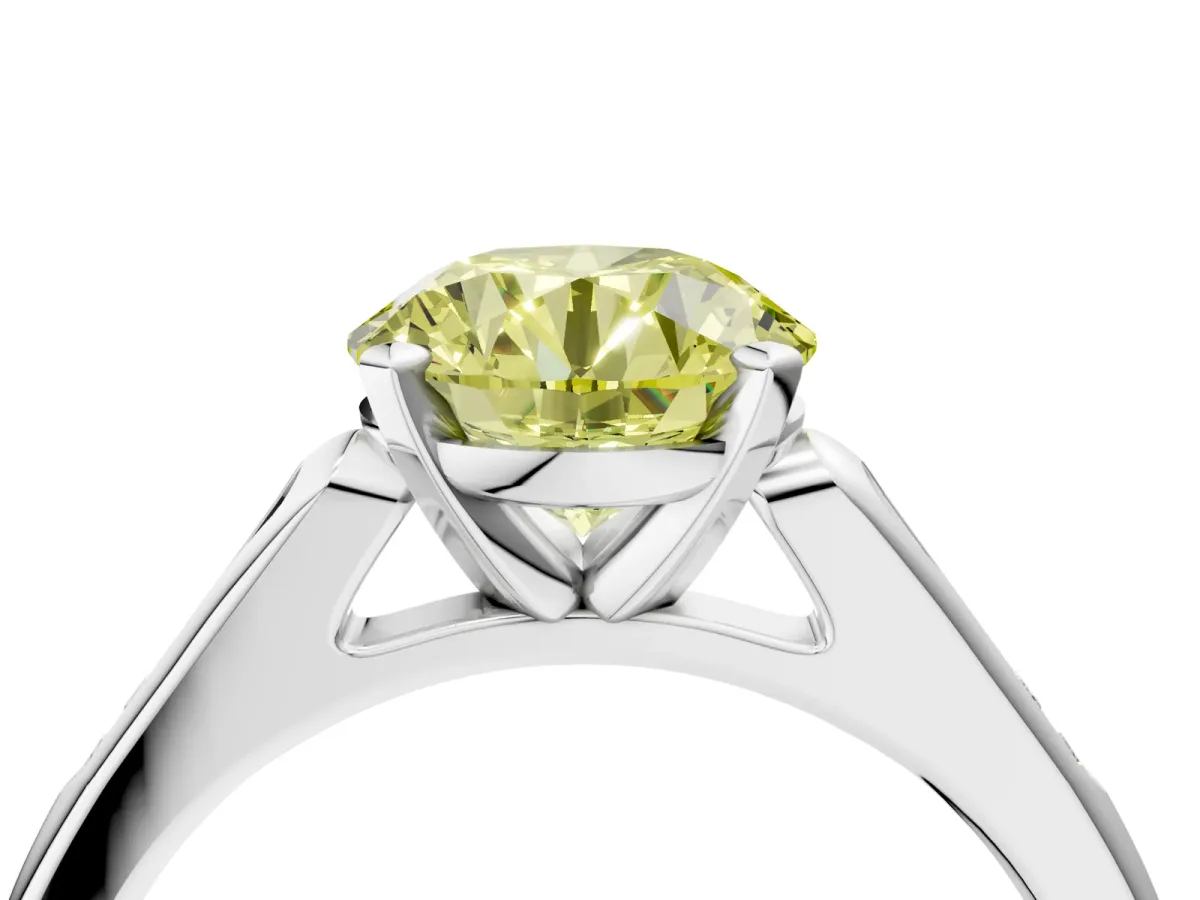 Fancy Yellow Round Cut Diamond Solitaire Ring with Channel Set Round Band and Prong Setting Silver