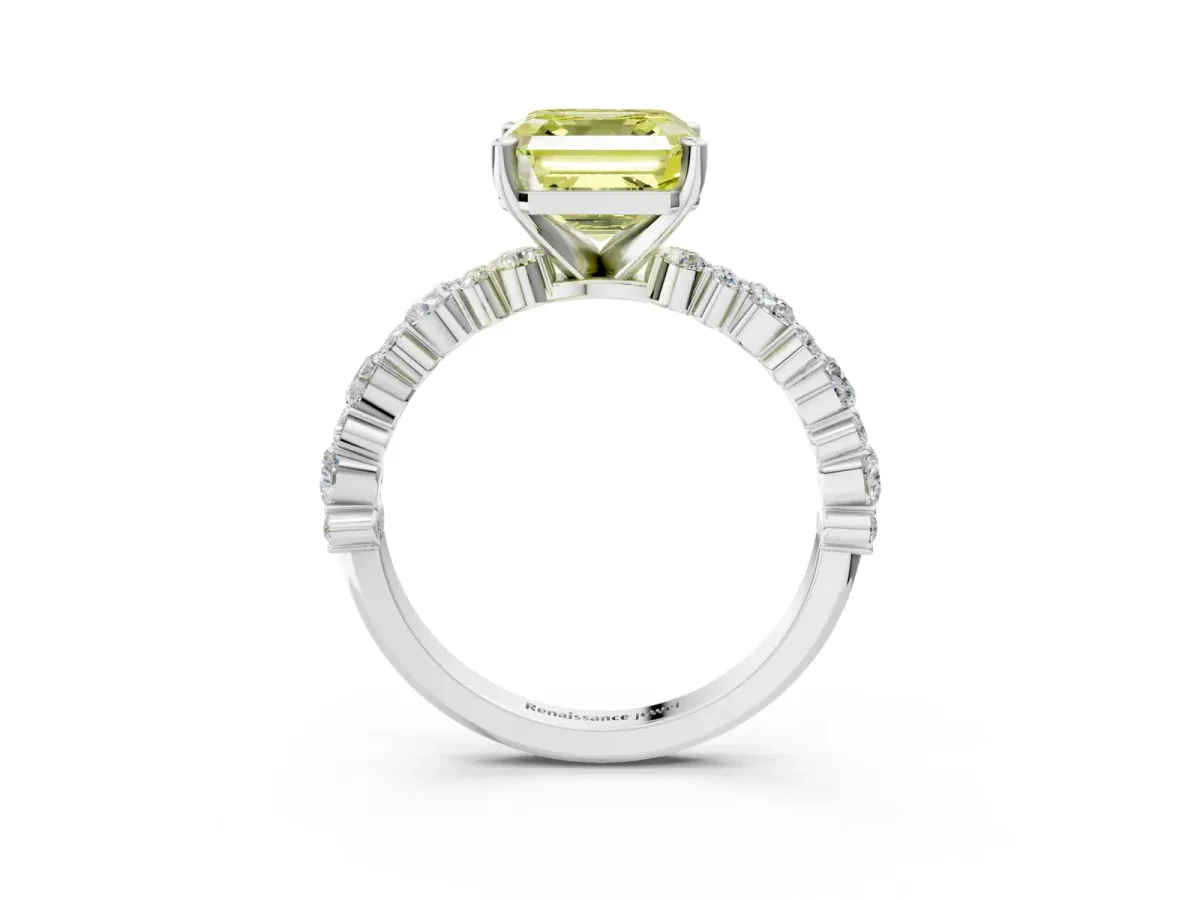 Fancy Yellow Asscher Cut Diamond Side Stone Solitaire Ring with Round and Four-Prong Setting Silver