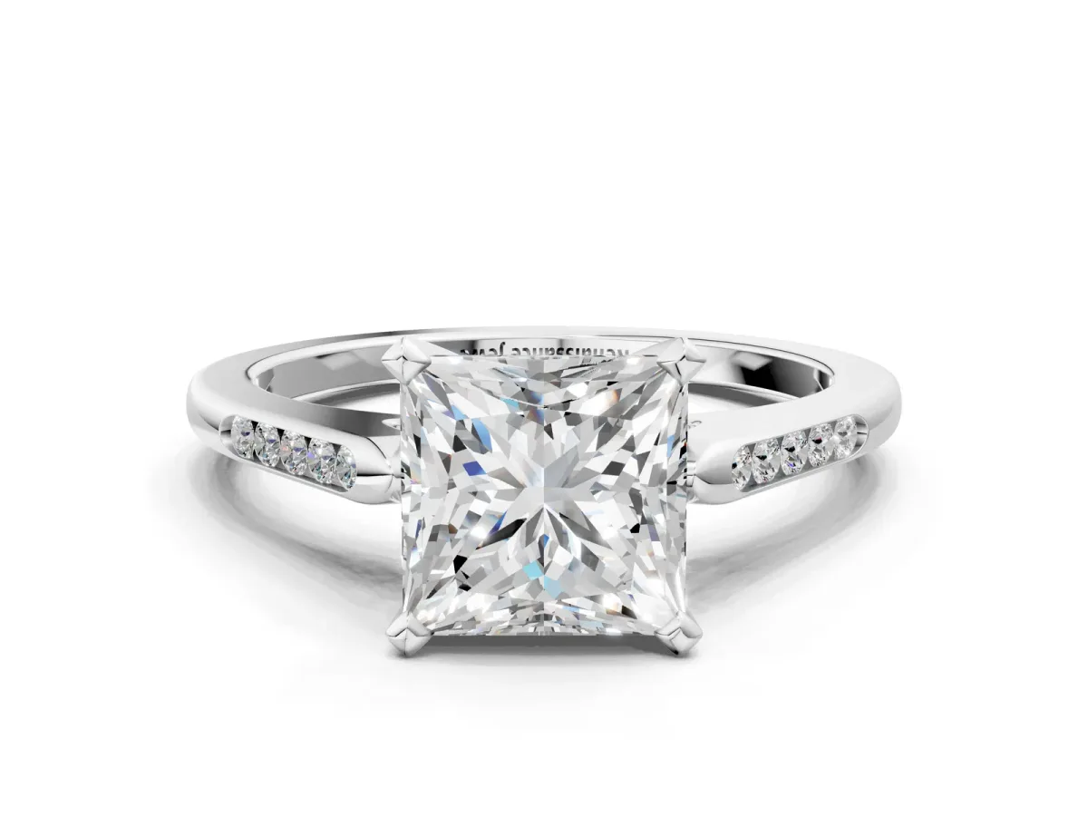Princess Cut Diamond Solitaire Ring with Channel Set Round Band and Prong Setting Silver