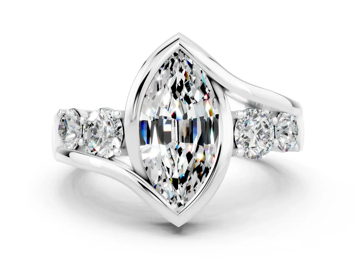 Bezel Set Marquise Cut Moissanite Bypass Ring with Round Accents Silver
