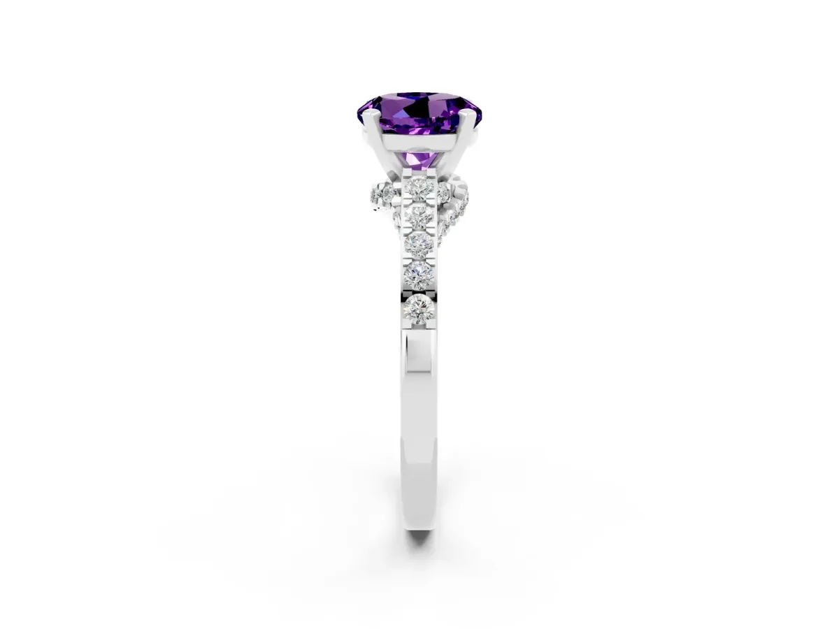 Round Cut Amethyst Solitaire Ring with Crossover Gallery and Round Pavé Band Silver