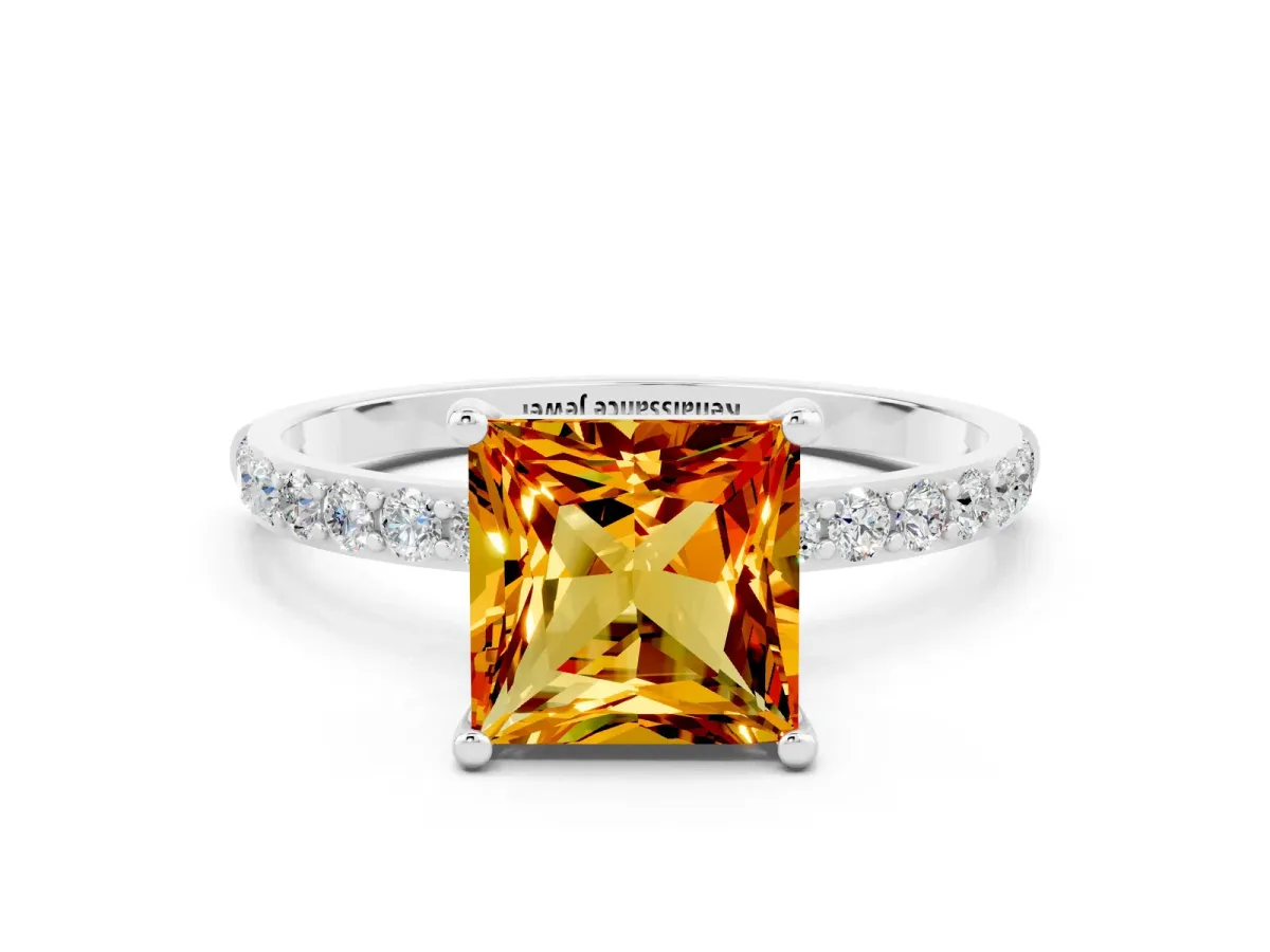Princess Cut Citrine Solitaire Ring with Round Pavé Band and Prong Setting Silver