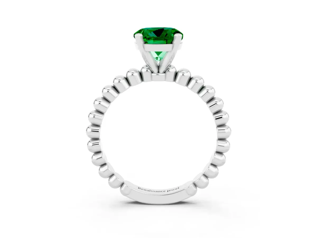 Round Cut Emerald Solitaire Ring with Beaded Band and Prong Setting Platinum