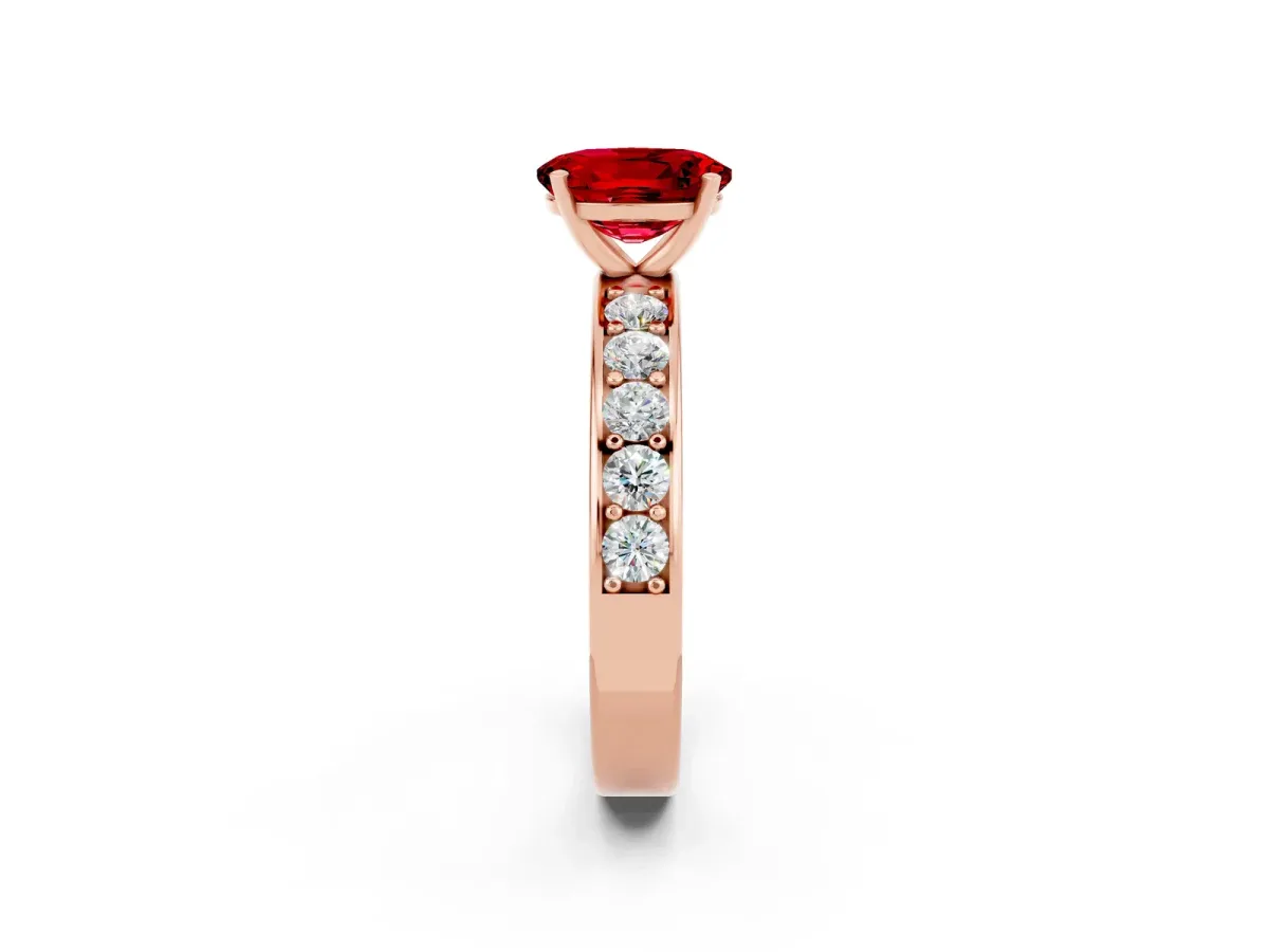 Oval Cut Ruby Engagement Ring with Channel Set Round Band and Prong Setting Rose gold