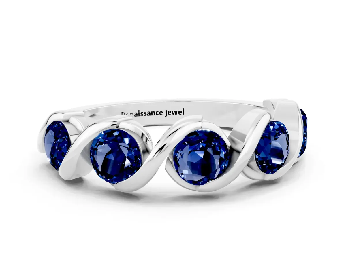 Round Blue Sapphire Wave Band with Channel Setting and Shared Prongs White gold