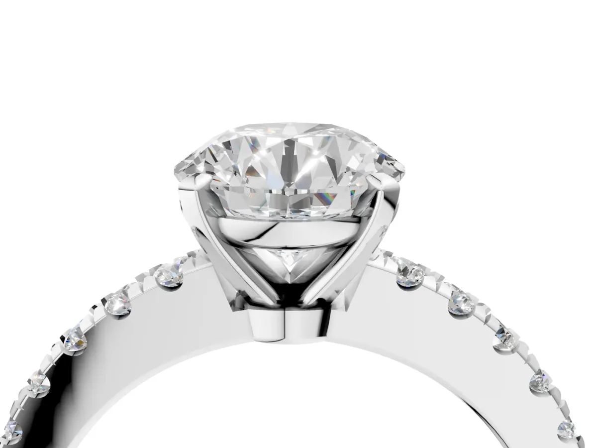 Round Cut Solitaire Diamond with Pavé Band and Four-Prong Setting Platinum