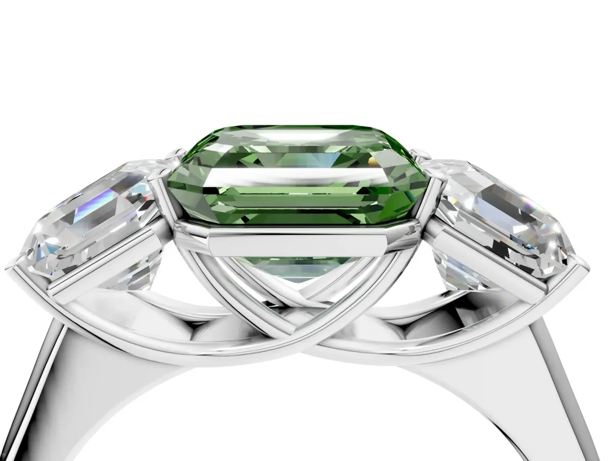 Fancy Green Asscher Cut Three-Stone Diamond Ring with Prong Setting on a Classic Band Platinum