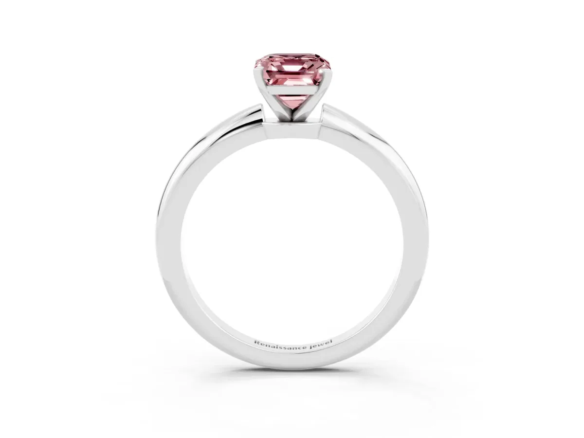 Emerald Cut Morganite Solitaire Ring with Six-Prong Setting and Classic Band Silver