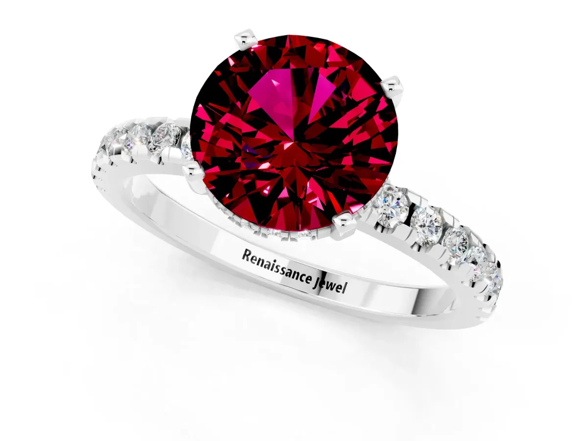Round Cut Garnet Solitaire Ring with Round Pavé Band and Four-Prong Setting Silver