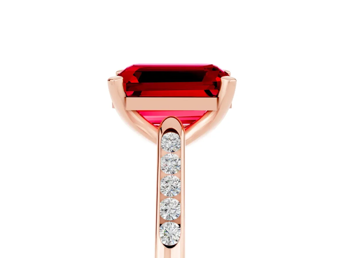 Emerald Cut Ruby Solitaire Ring with Channel Set Round Band and Prong Setting Rose gold