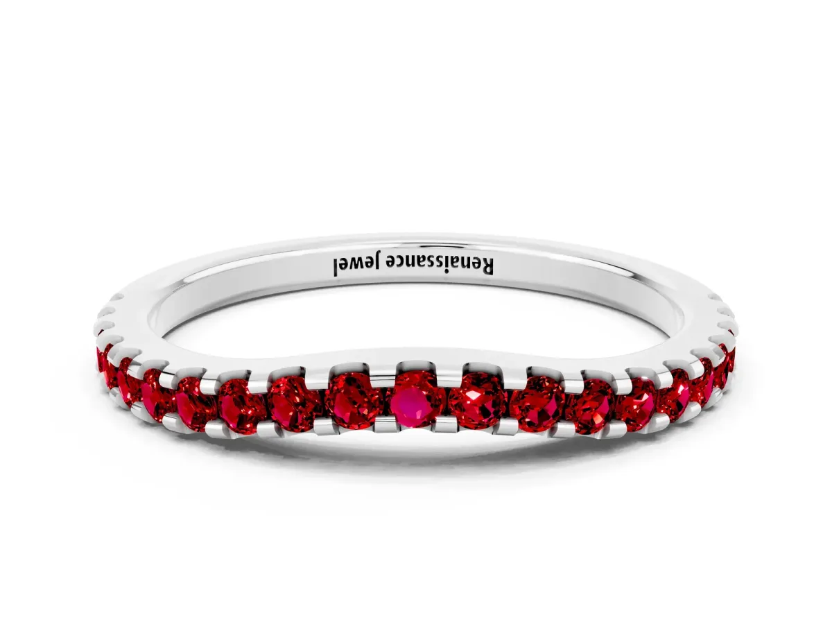 Round Ruby Pavé Curved Wedding Band White gold