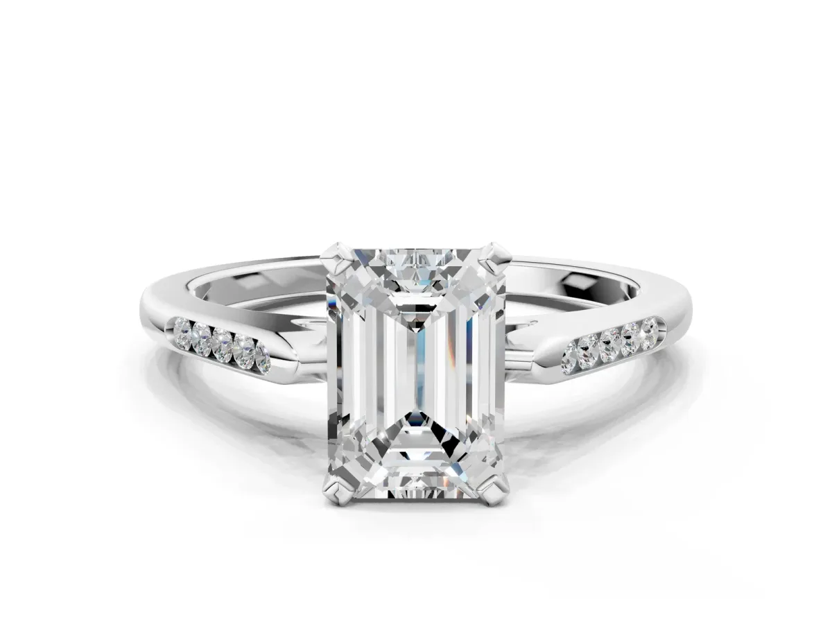 Emerald Cut Diamond Solitaire Ring with Channel Set Round Band and Prong Setting Silver