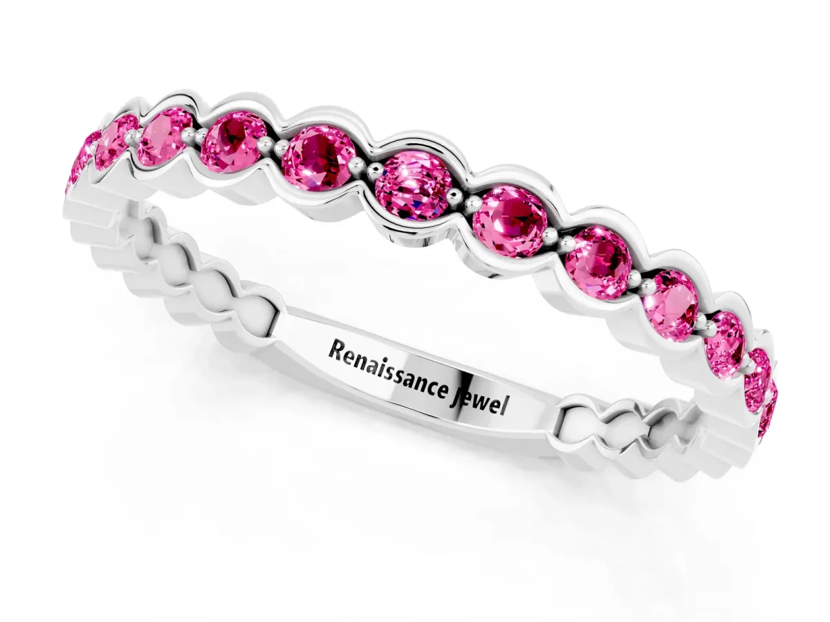 Round Pink Sapphire Bezel Set Eternity Band Silver