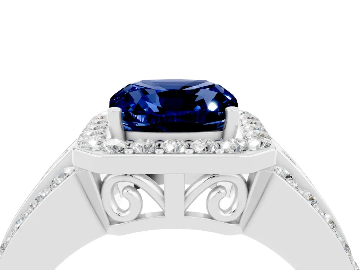 Cushion Cut Halo Blue Sapphire Ring with Round Split Shank and Prong Setting Platinum