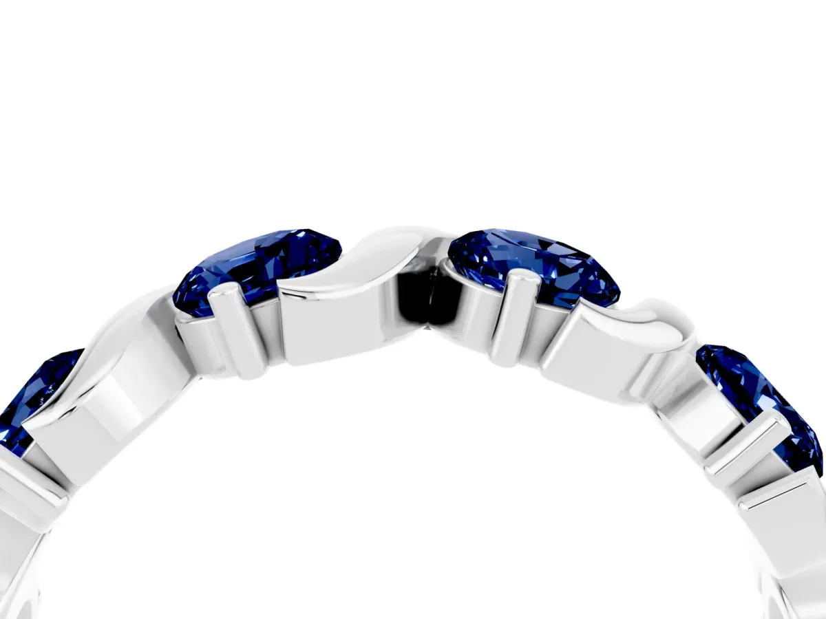 Six-Stone Round Blue Sapphire Wave Band with Shared Prong Setting Platinum
