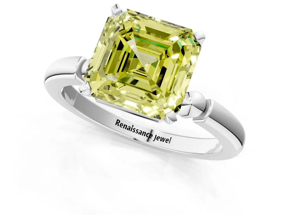 Fancy Yellow Asscher Cut Solitaire Beaded Band with Four-Prong Setting Platinum