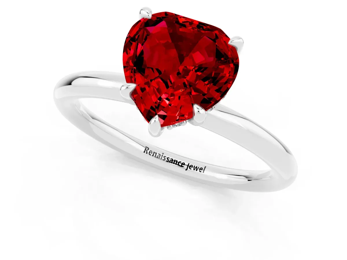 Heart Cut Ruby Solitaire Ring with Thin Band and Four-Prong Setting White gold