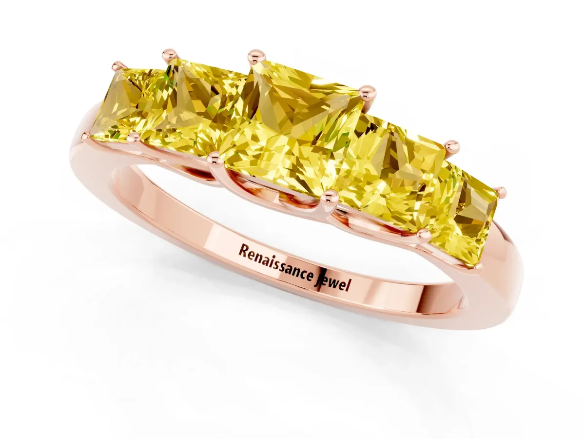 Princess Cut Five-Stone Yellow Sapphire Ring with Classic Prong Setting Rose gold