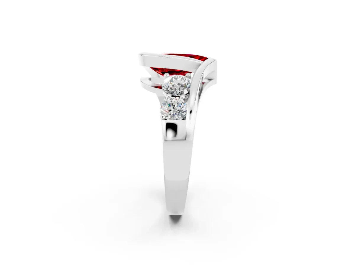 Bezel Set Pear Cut Ruby Bypass Ring with Round Accents Silver