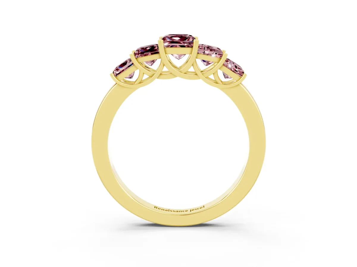 Princess Cut Five-Stone Morganite Ring with Classic Prong Setting Yellow gold