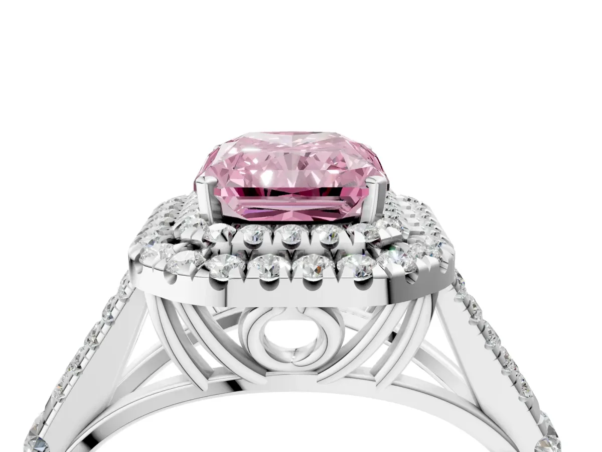 Fancy Pink Radiant Cut Cut Double Halo Split Shank Diamond Ring with Prong Setting Platinum