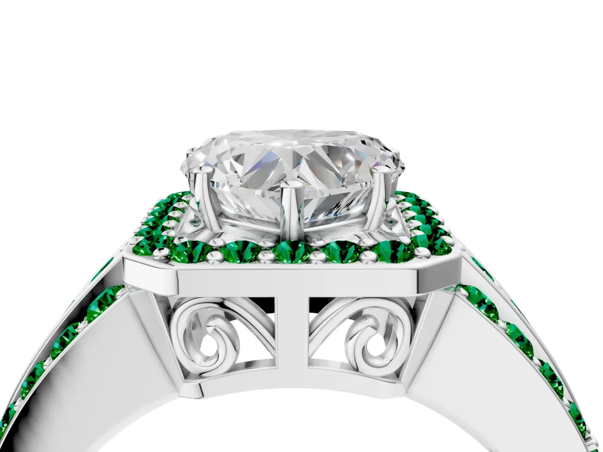 Heart Cut Halo Diamond Ring with Round Emerald Split Shank and Prong Setting Platinum