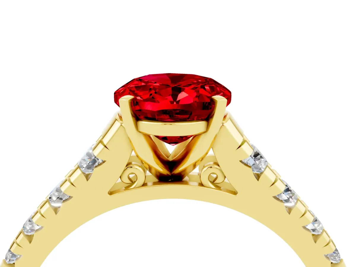 Oval Cut Ruby Cathedral Solitaire Ring with Round Pavé Band Yellow gold