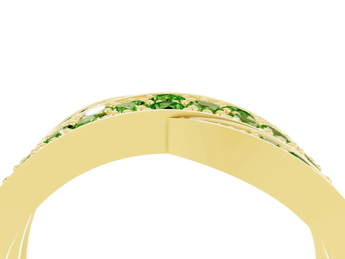 Pavé Round Peridot Crossover Band with Bead Prong Setting Yellow gold