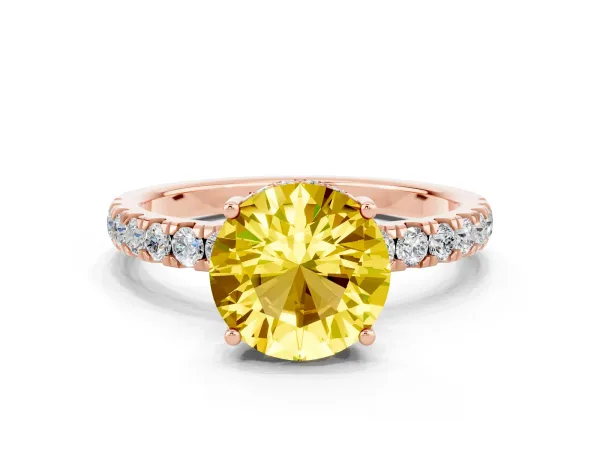Round Cut Yellow Sapphire Pave Band Solitaire Ring with Round and Prong Setting Rose gold
