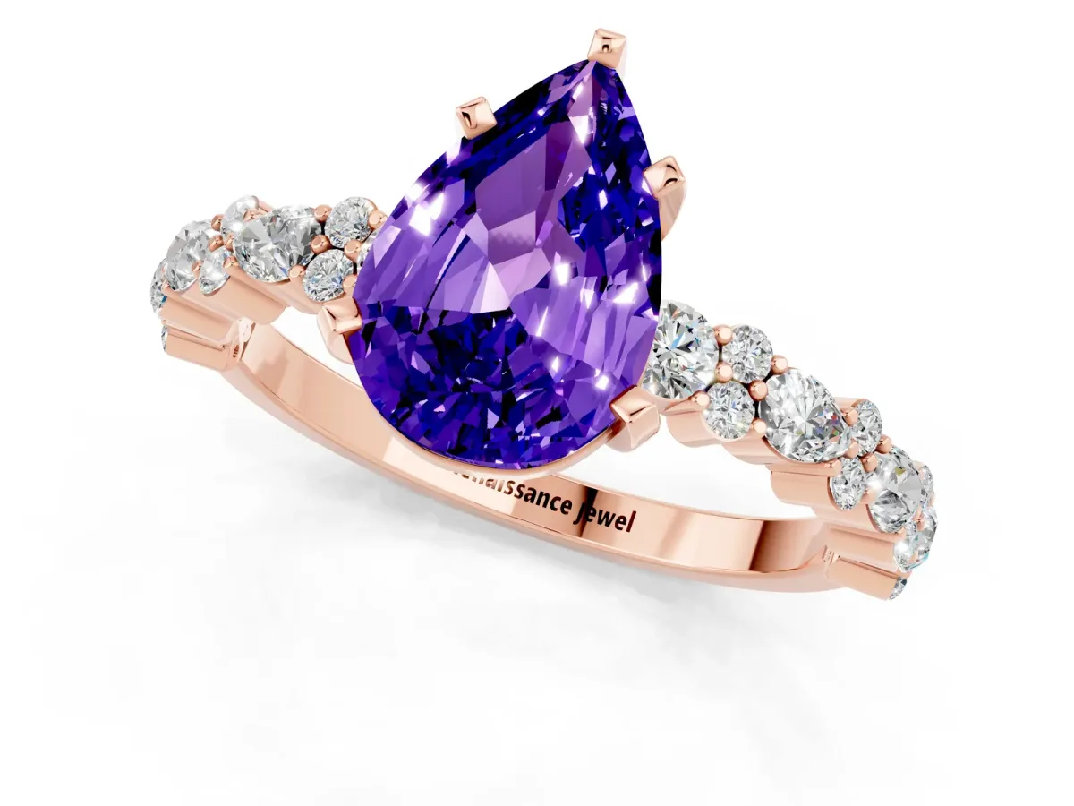 Pear Cut Tanzanite Side Stone Solitaire Ring with Round and Four-Prong Setting Rose gold