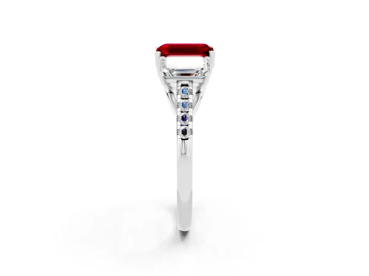 Three-Stone Emerald Cut Ruby Ring with Round Pavé Band and Prong Setting White gold