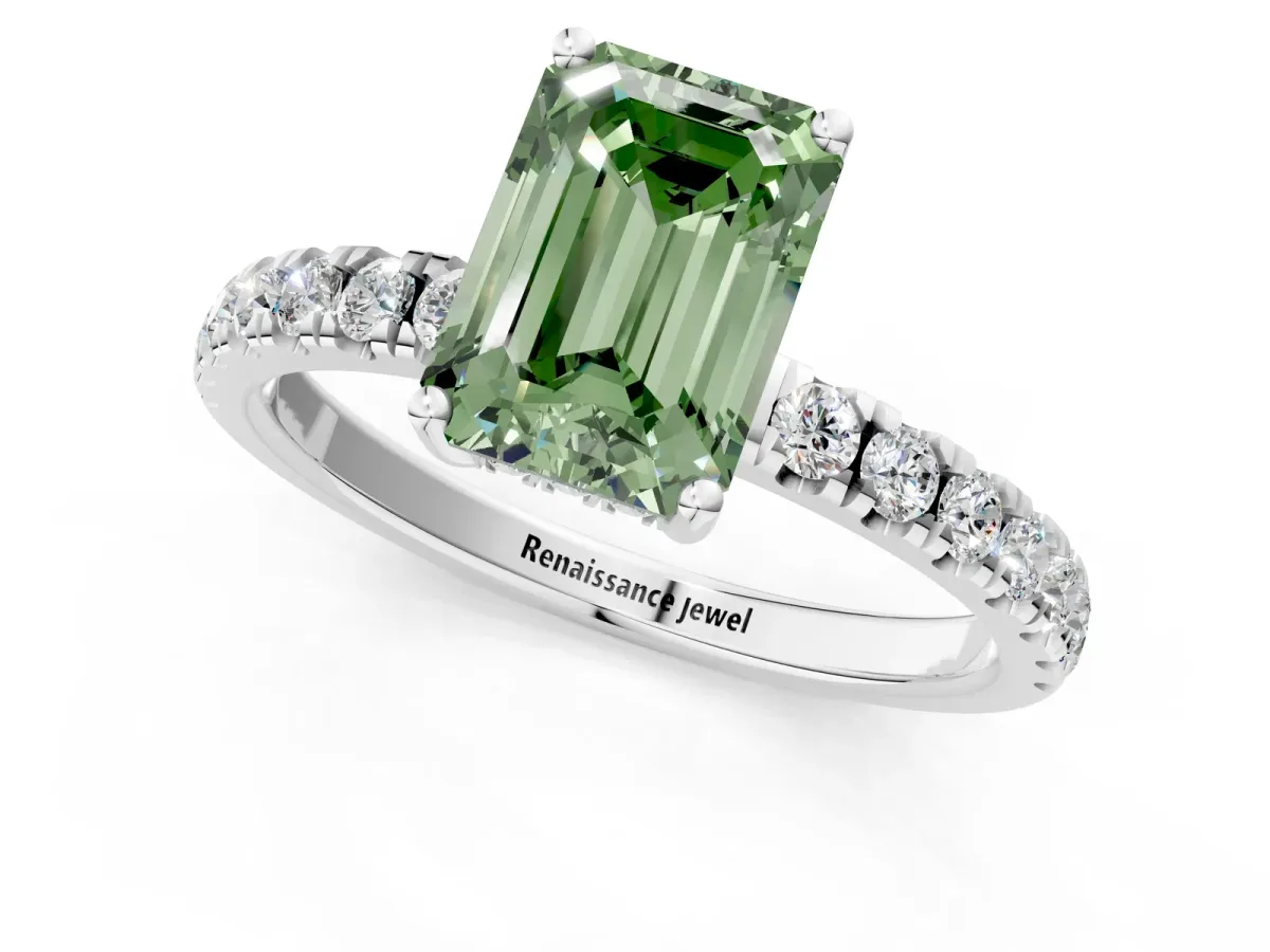 Fancy Green Emerald Cut Diamond Pave Band Solitaire Ring with Round and Prong Setting Platinum