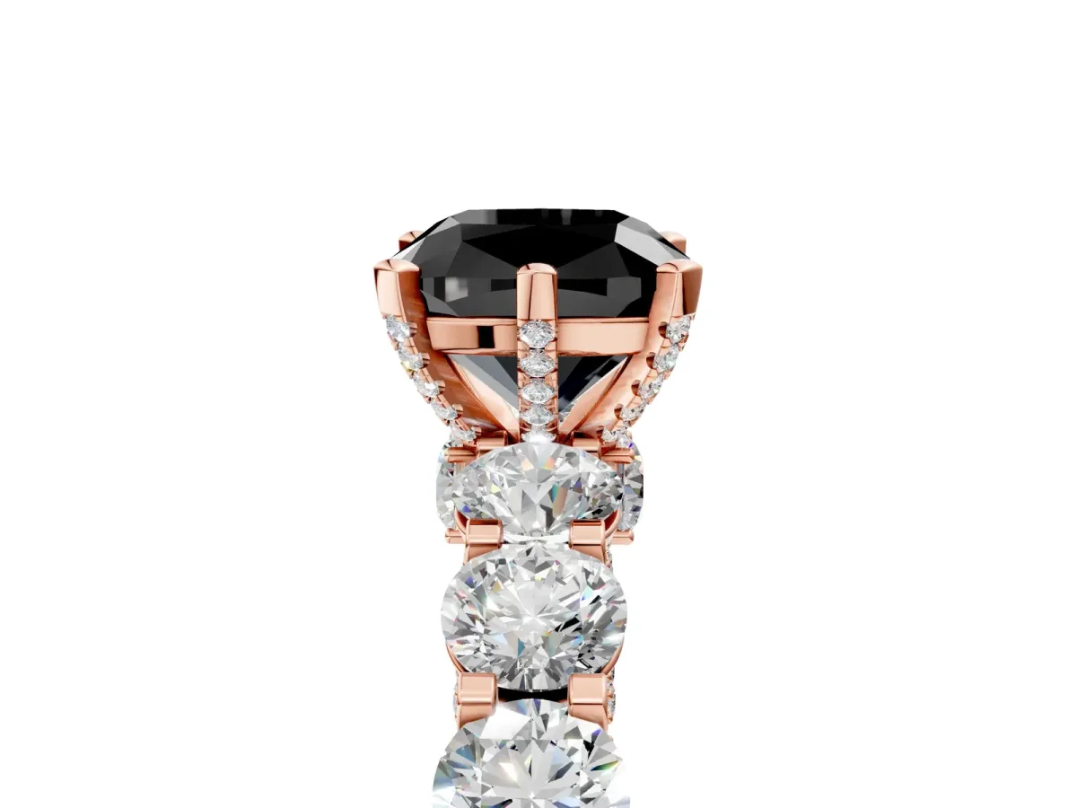 Fancy Black Cushion Cut Diamond Side Stone Engagement Ring with Four-Prong Setting Rose gold