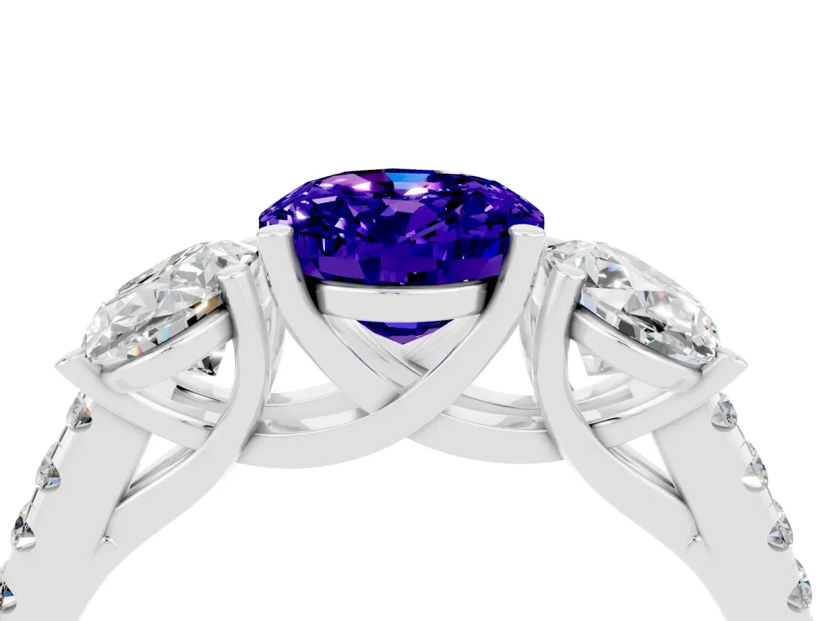 Three-Stone Oval Cut Tanzanite Ring with Round Pavé Band and Prong Setting Platinum