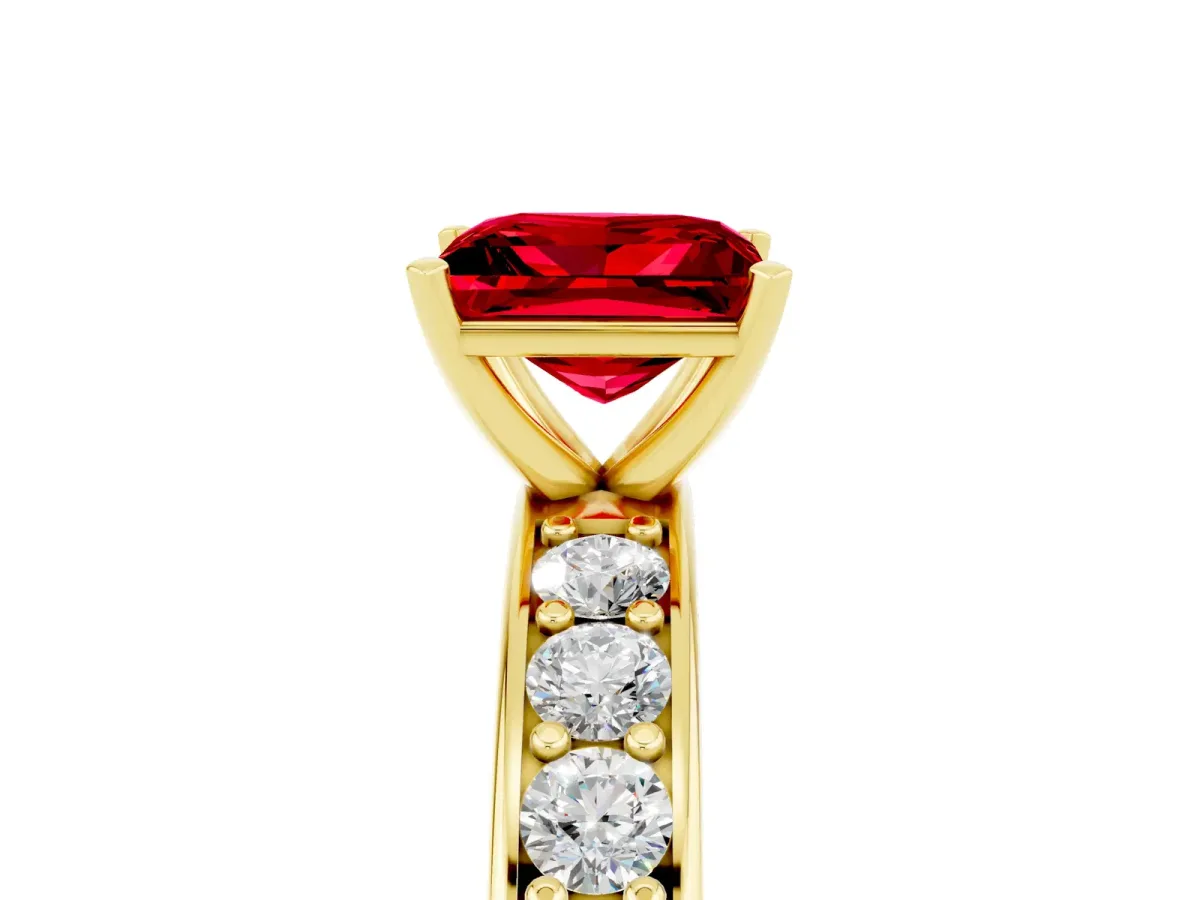 Princess Cut Ruby Engagement Ring with Channel Set Round Band and Prong Setting Yellow gold