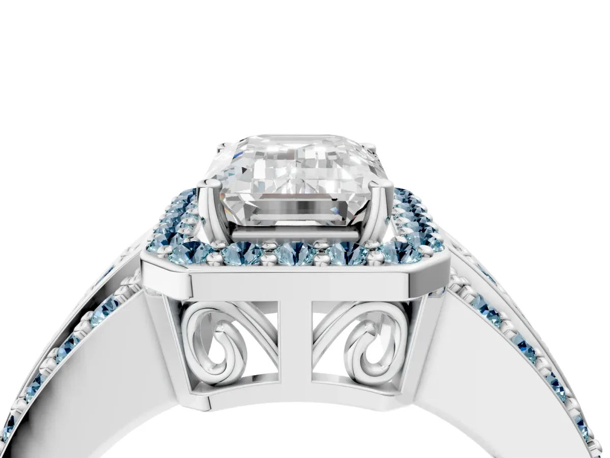 Emerald Cut Halo Diamond Ring with Round Aquamarine Split Shank and Prong Setting Silver