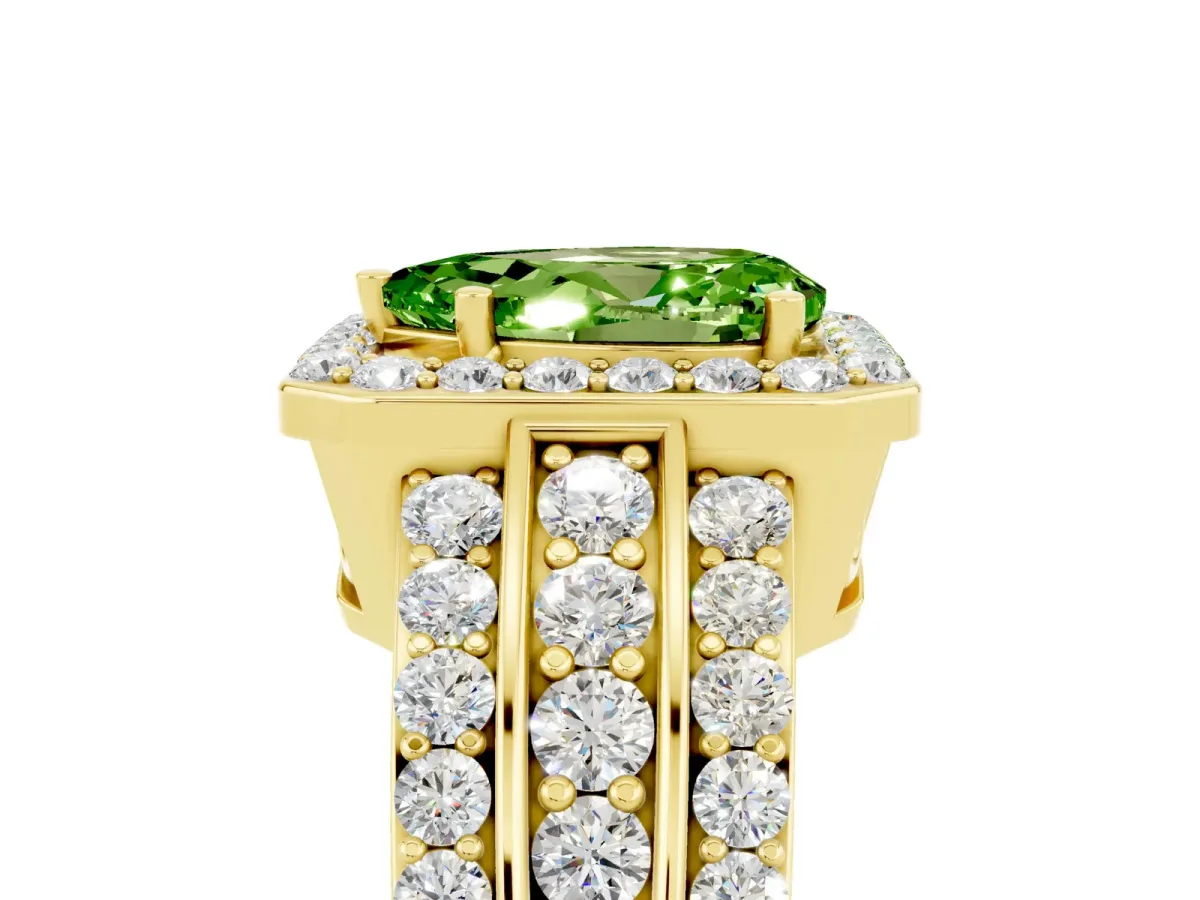 Pear Cut Halo Peridot Ring with Round Split Shank and Prong Setting Yellow gold