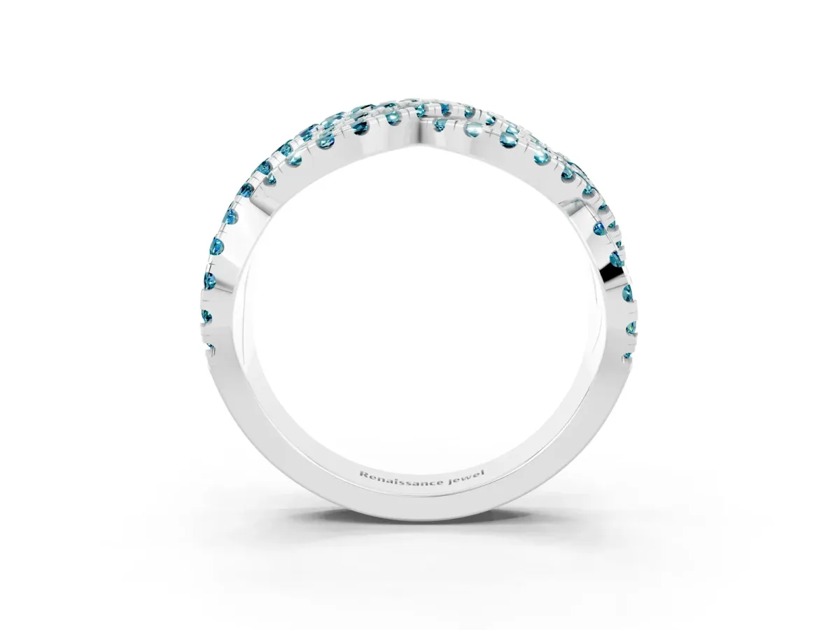 Pavé Round Blue Topaz Infinity Twist Band with Shared Prong Setting Platinum