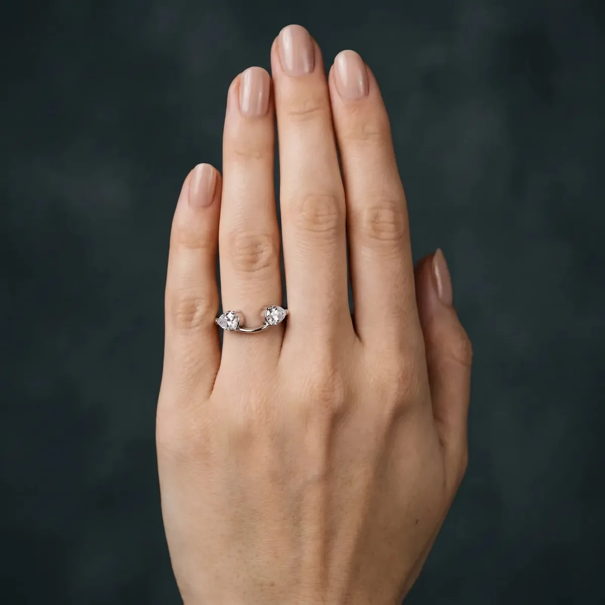 Two-Stone Pear Diamond Bypass Ring with Prong Setting Platinum