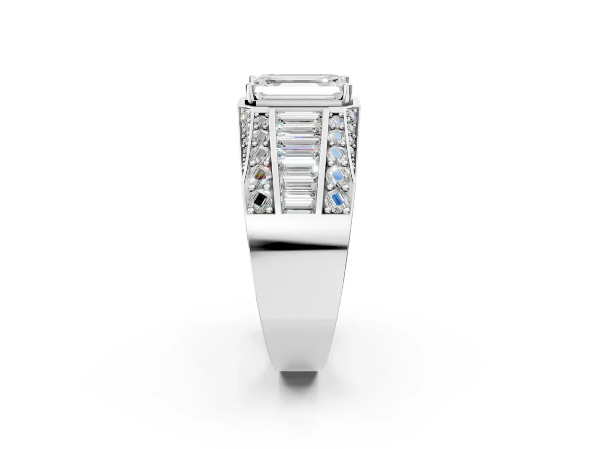 Emerald Cut Diamond Mens Ring with Baguette Side Stones Silver