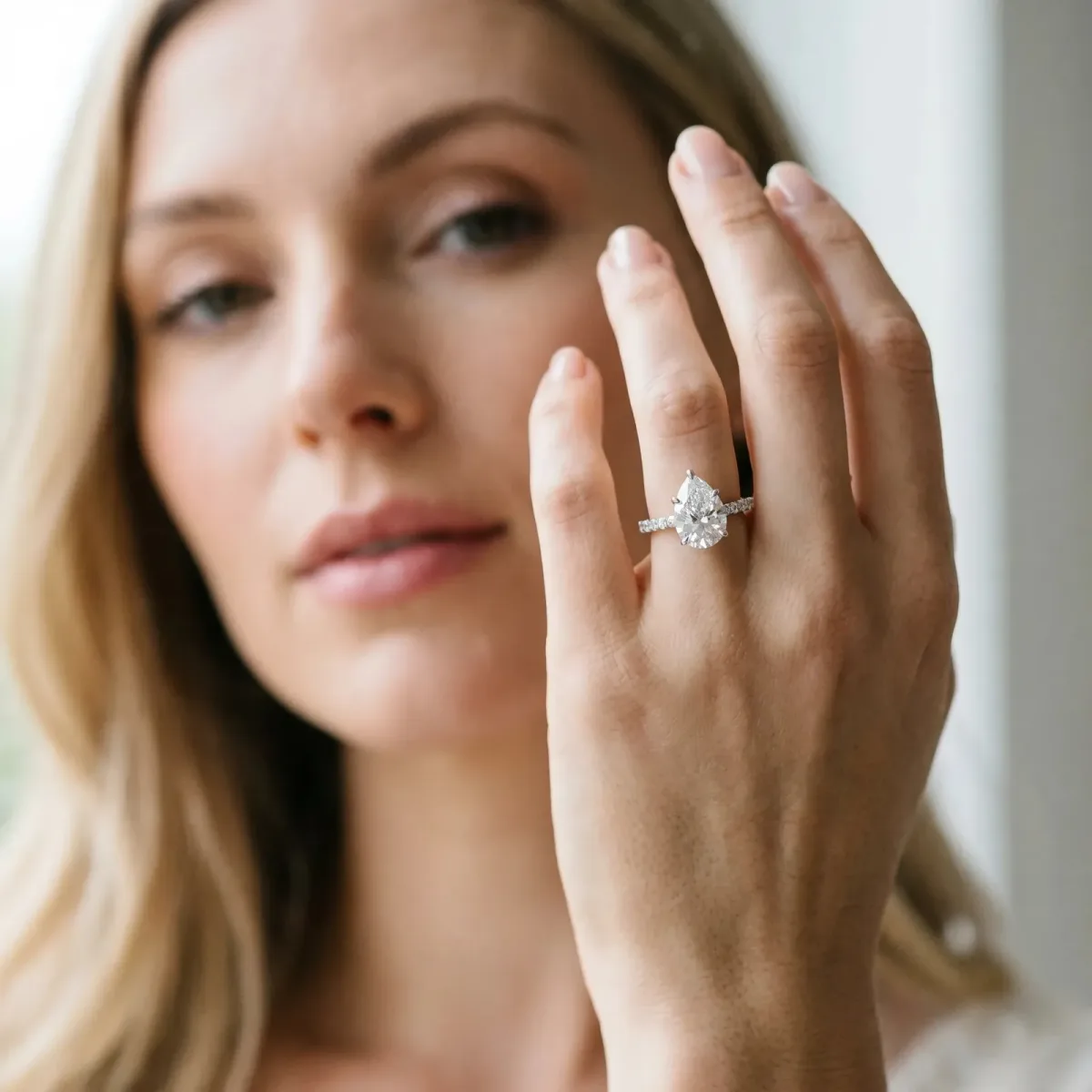Pear Cut Diamond Solitaire Engagement Ring with Pavé Band and Four-Prong Setting Silver