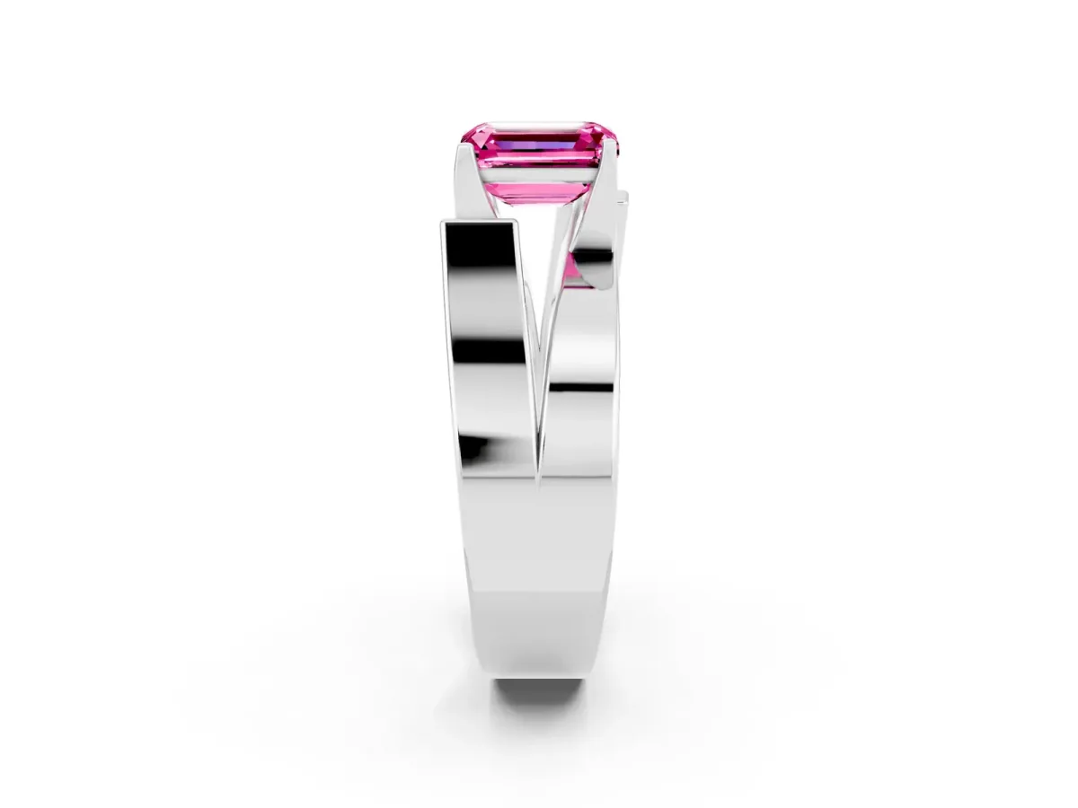 Modern Tension Set Emerald Cut Pink Sapphire Solitaire Wide Band Ring Silver